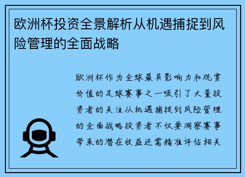 欧洲杯投资全景解析从机遇捕捉到风险管理的全面战略
